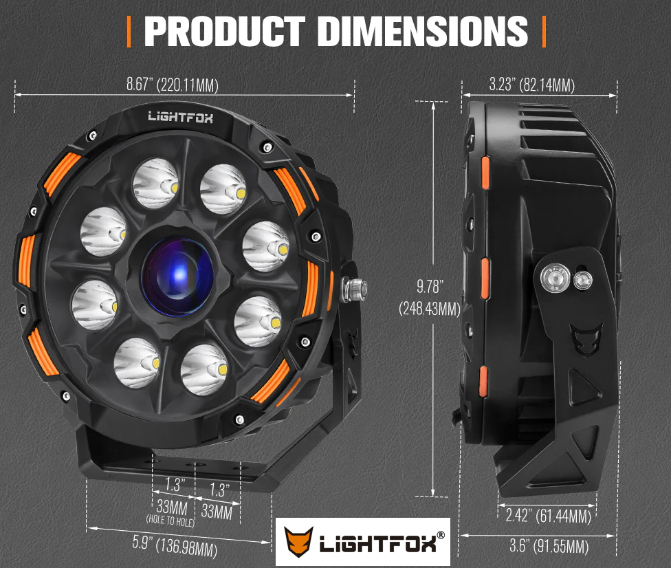 Lightfox 9inch Laser LED Driving Lights 1Lux@7,302ft/2,226m IP68 15,046 Lumens