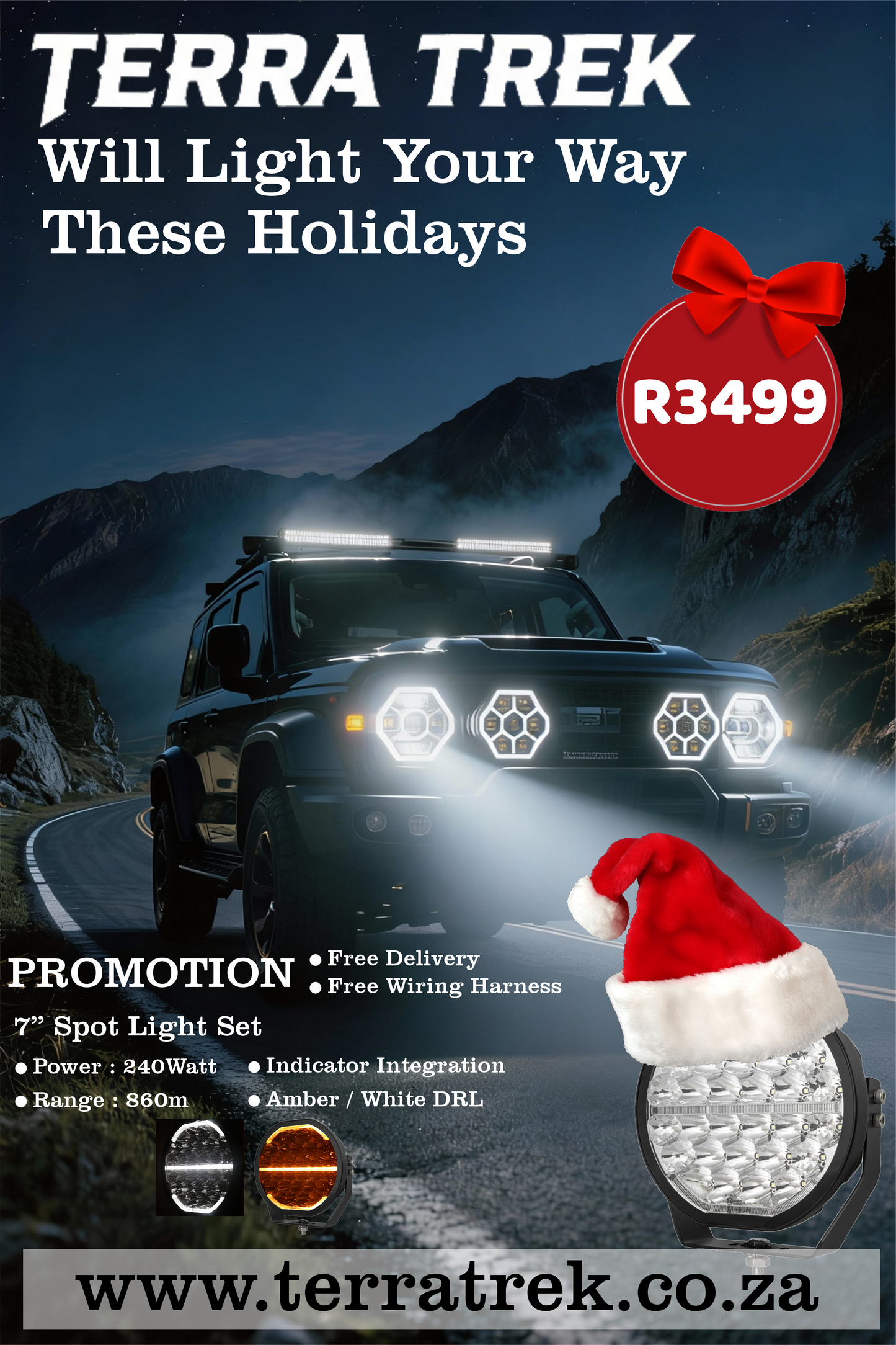 TerraTrek 7" DRL 240W 22 000lm High Power Spot Light Set Incl Harness